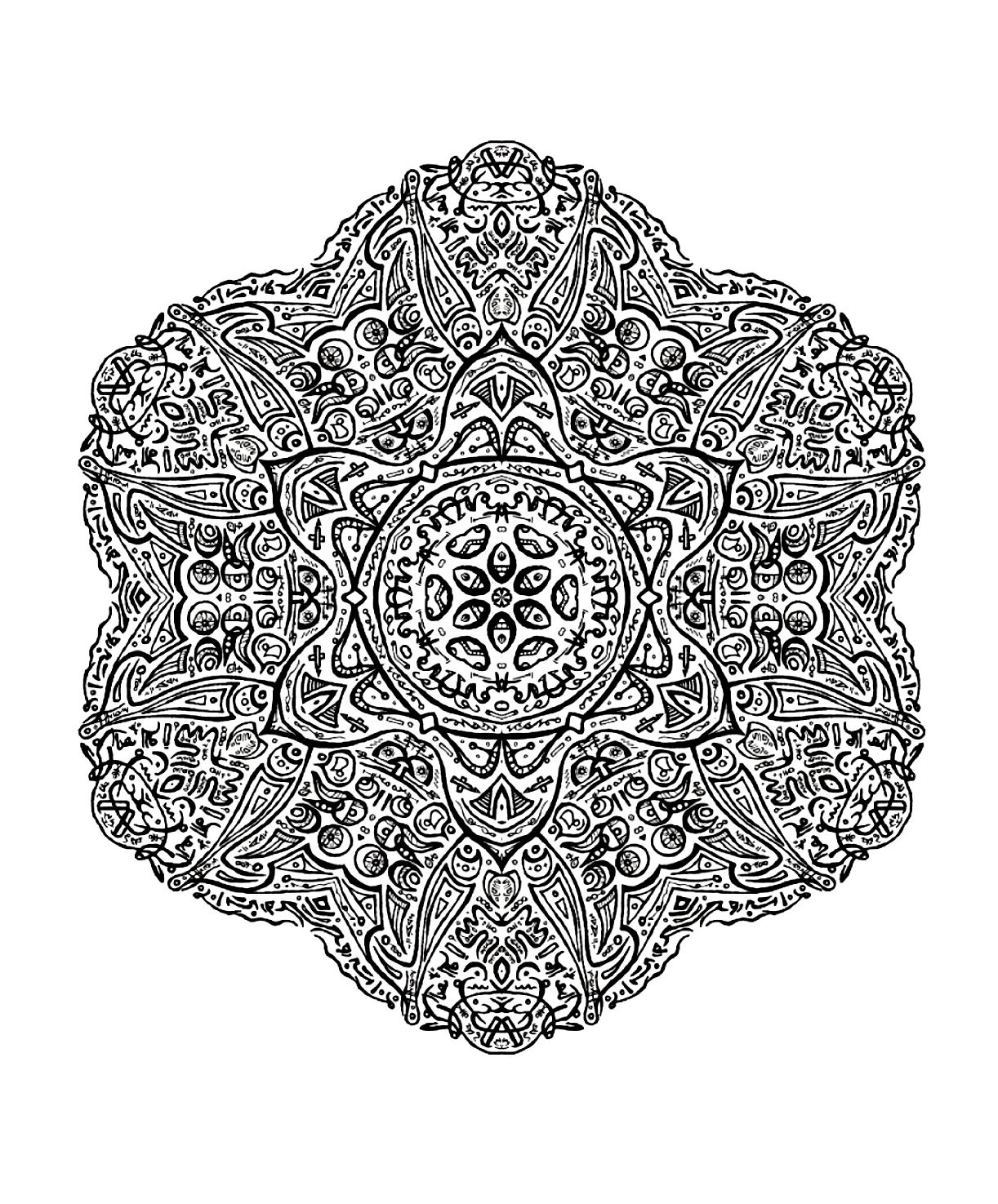 Difficult Mandala drawing made with symbols, and entirely hand drawn . Patience and perseverance, this is what you will need to color this ultra complicated Mandala coloring sheet ! a magnifying glass will not be too much to fill each area integrated in this Mandala ...